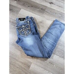 Miss Me Jeans Womens 31 Blue Wash Skinny Embellished Fleur De Lis Stretch Denim